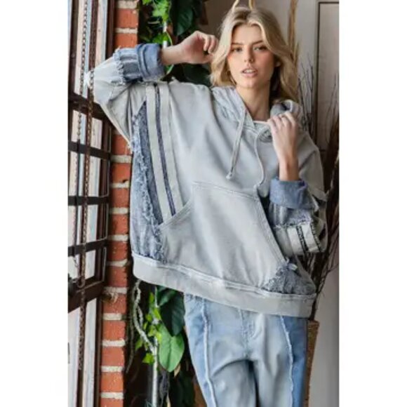 Oli & Hali Washed Mixed Denim Hoodie Pullover Top Sweatshirt Size Various - Picture 2 of 8